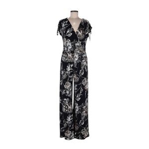 WHBM NWT Black Floral Wide Leg Jumpsuit 8 Surplice Neck Ruched Sleeves Pockets